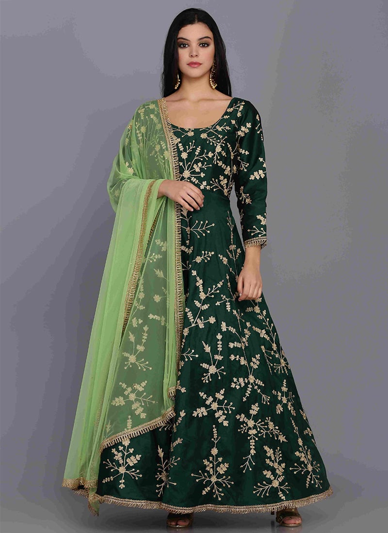 Green Taffeta Anarkali Suit Party Wear