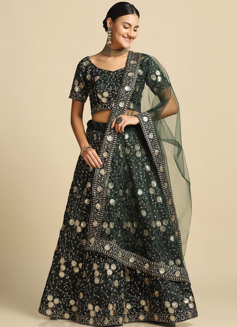 Green Taffeta Embroidered A Line Lehenga Party Wear