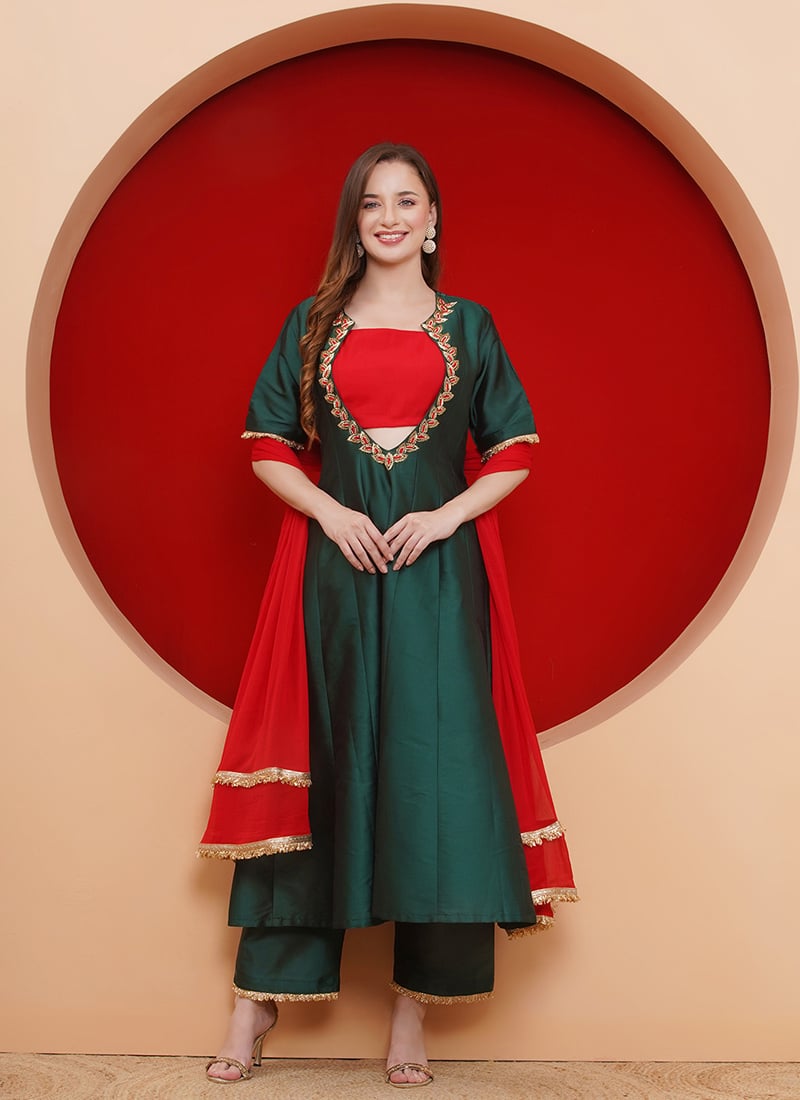 Green Taffeta Hand Embroidered Beads Cutdana Work Indowestern Anarkali Gown