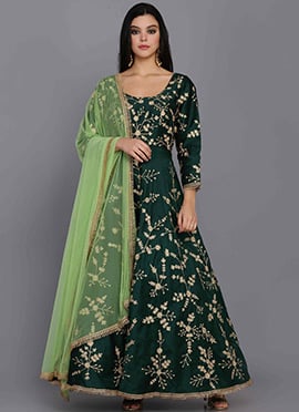 Green Taffeta Silk Golden Zari Anarkali Suit