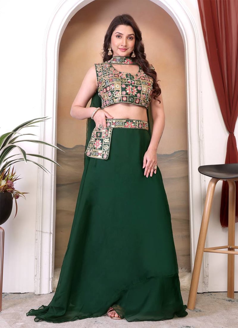 Green Teby Silk Embroidered Sequins Lehenga Festive Wear