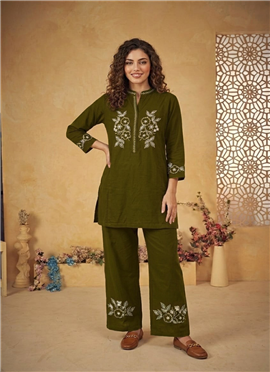 Green Thread Work Cotton Co Ord Set