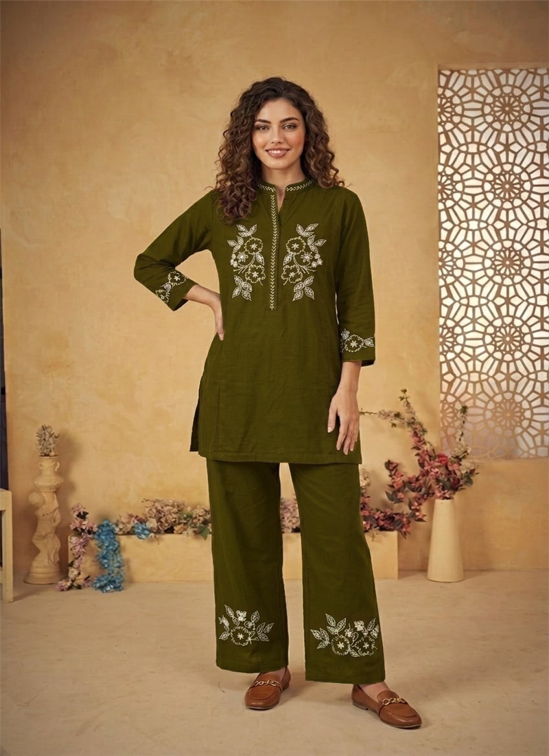 Green Thread Work Cotton Co Ord Set After Six Wear
