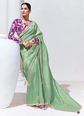 Green Tissue Embroidered Sequins Saree With Digital Print Blouse
