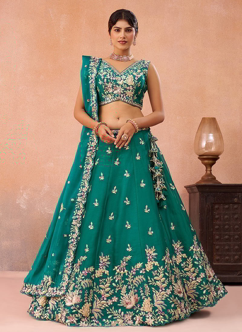 Green Tissue Embroidered Sequins Stones Beads Zari Lehenga Wedding Wear