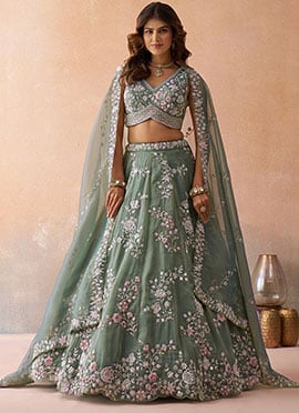 Green Tissue Embroidered Sequins Zari Beads Work Lehenga