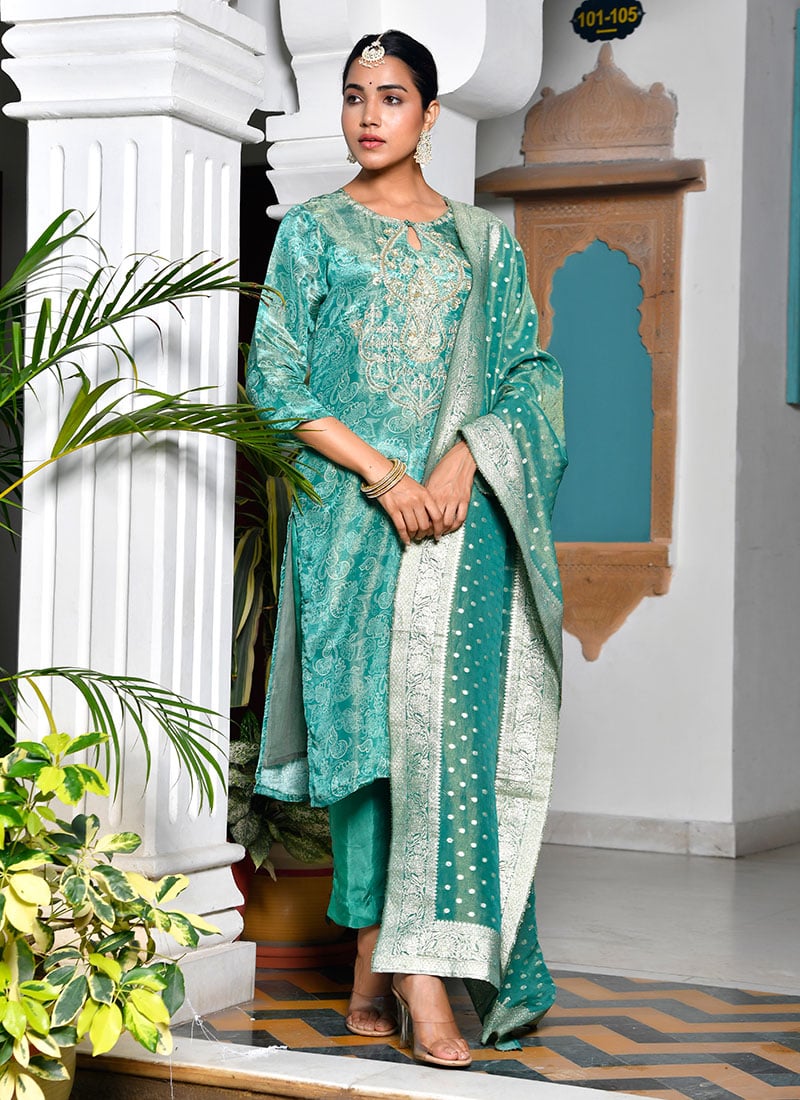 Green Tissue Floral Print Embroidered Sequins Straight Pant Suit  After Six Wear