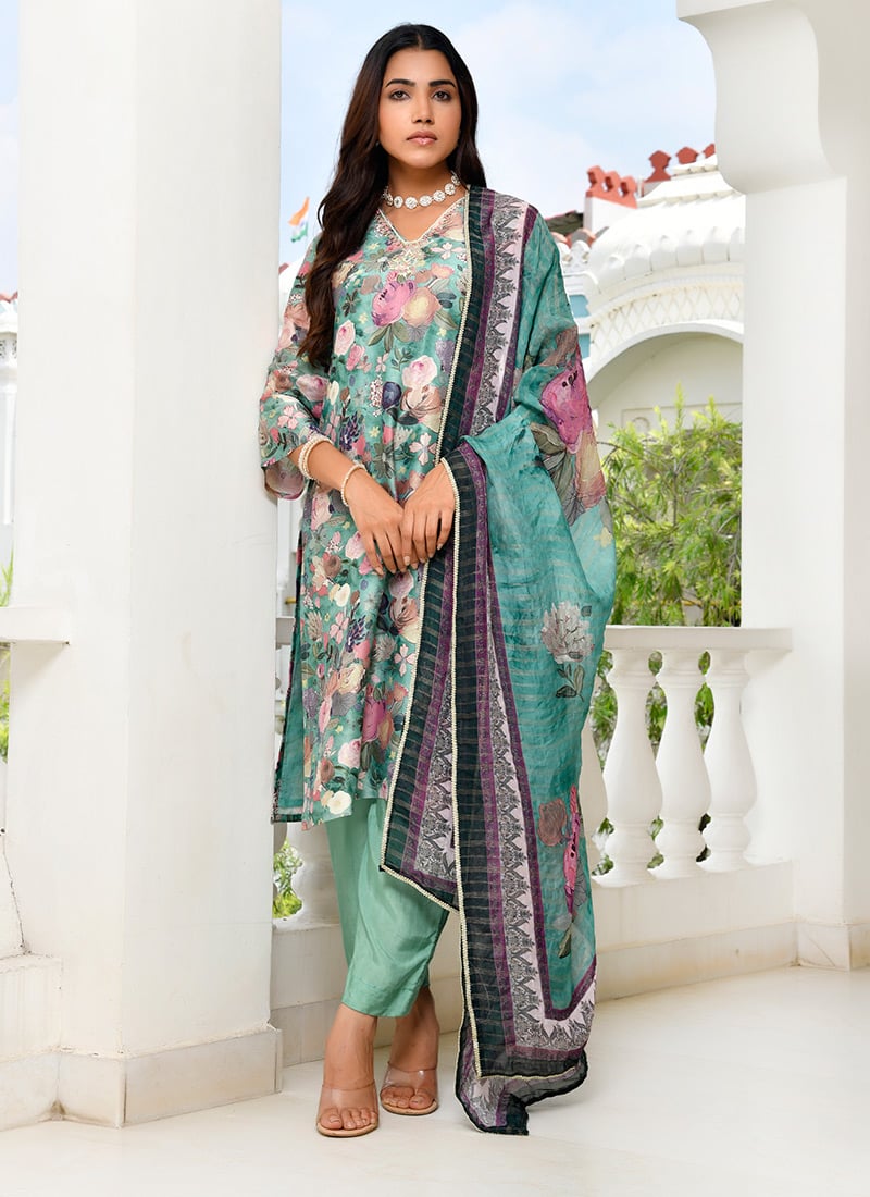 Green Tissue Floral Print Embroidered Straight Pant Suit After Six Wear