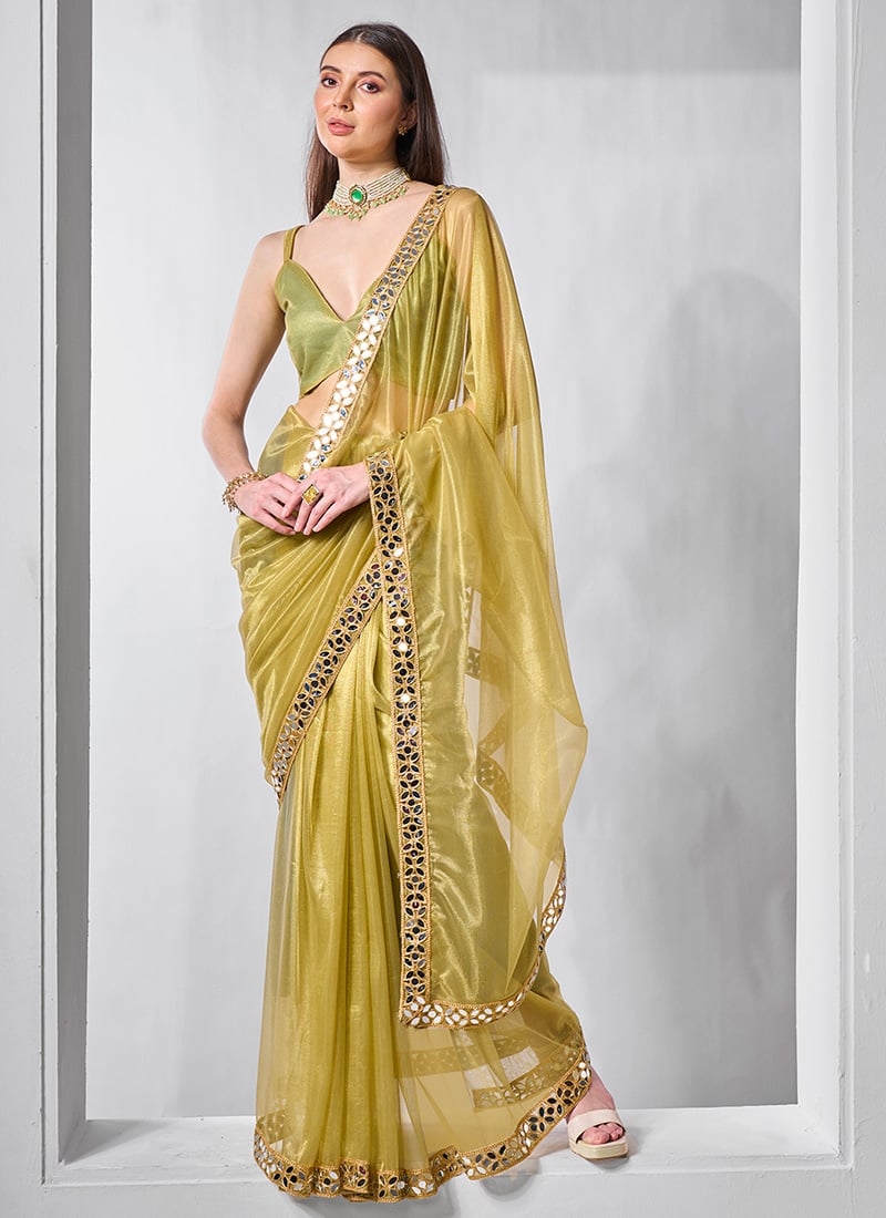 Green Tissue Net Saree With Lace Work After Six Wear