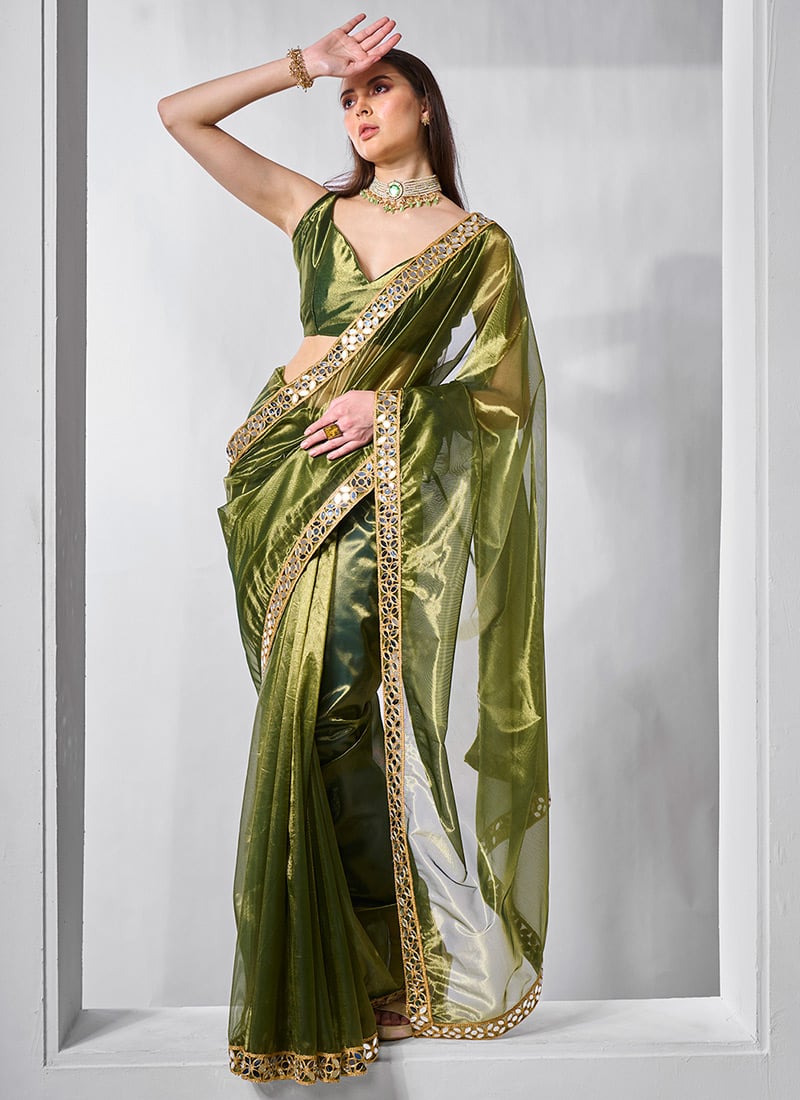 Green Tissue Net Saree With Lace Work After Six Wear