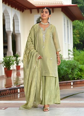 Green Tissue Sequins And Zari Palazzo Suit