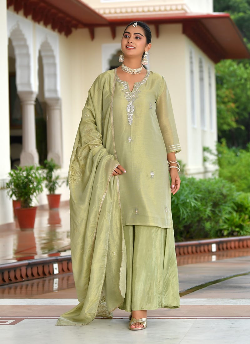 Green Tissue Sequins And Zari Palazzo Suit After Six Wear