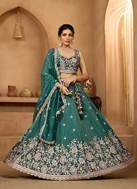 Green Tissue Sequins Stones Embroidered Cut Work Umbrella Lehenga Wedding Wear