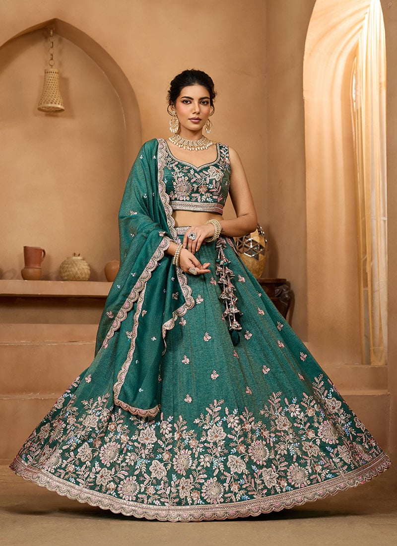 Green Tissue Sequins Stones Embroidered Cut Work Umbrella Lehenga Wedding Wear