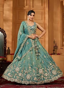 Green Tissue Sequins Stones Embroidered Cut Work Umbrella Lehenga Wedding Wear