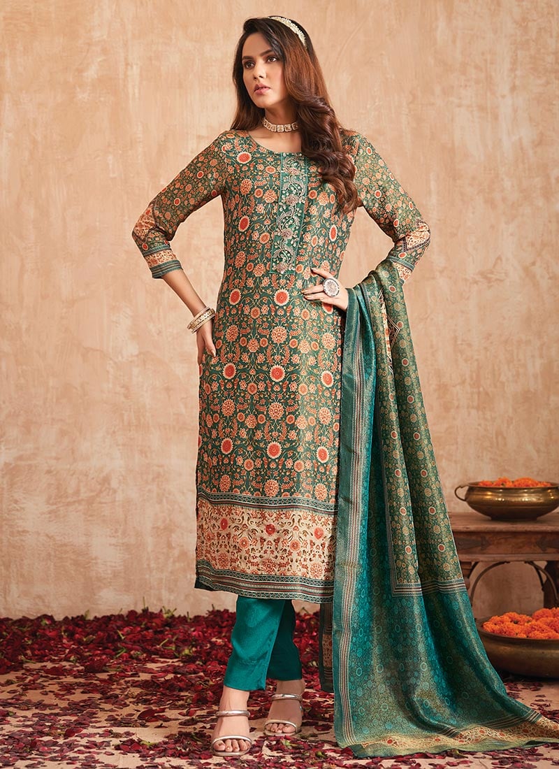 Green Tissue Shimmer Digital Print Hand Work Straight Pant Suit After Six Wear