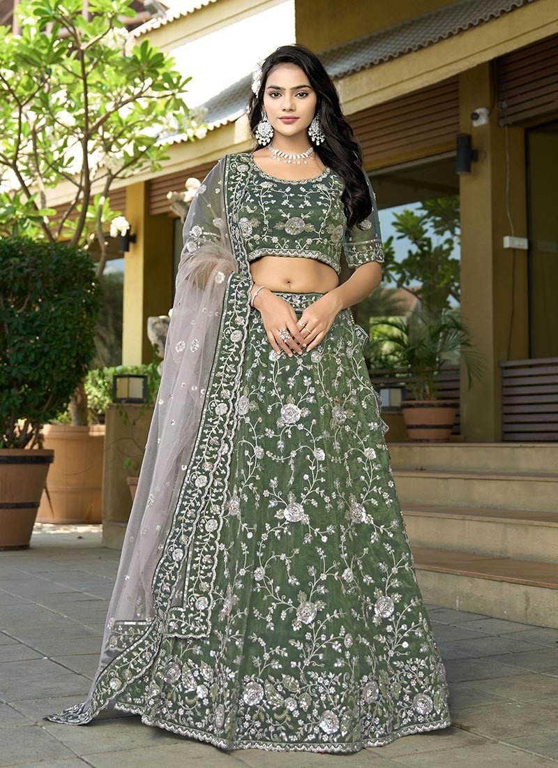 Green Tissue Silk Embroidered Zari Umbrella Lehenga Wedding Wear