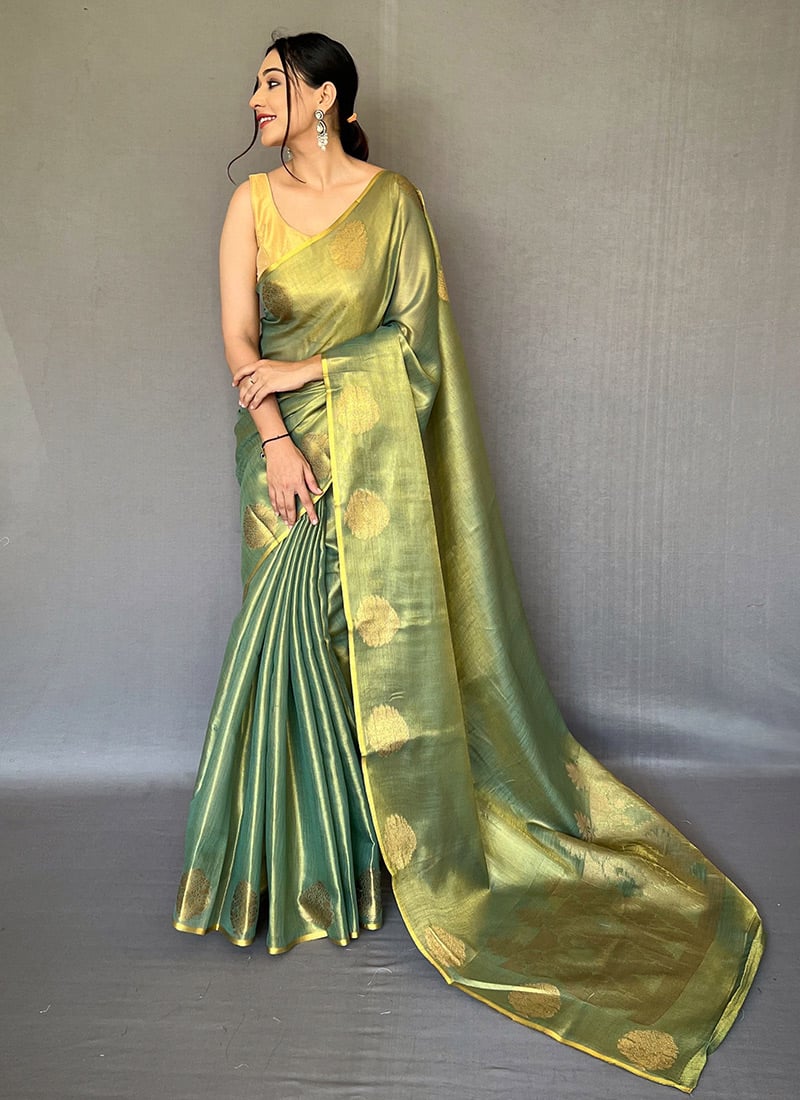 Green Tissue Silk Jacquard Zari Woven Work Saree Festive Wear