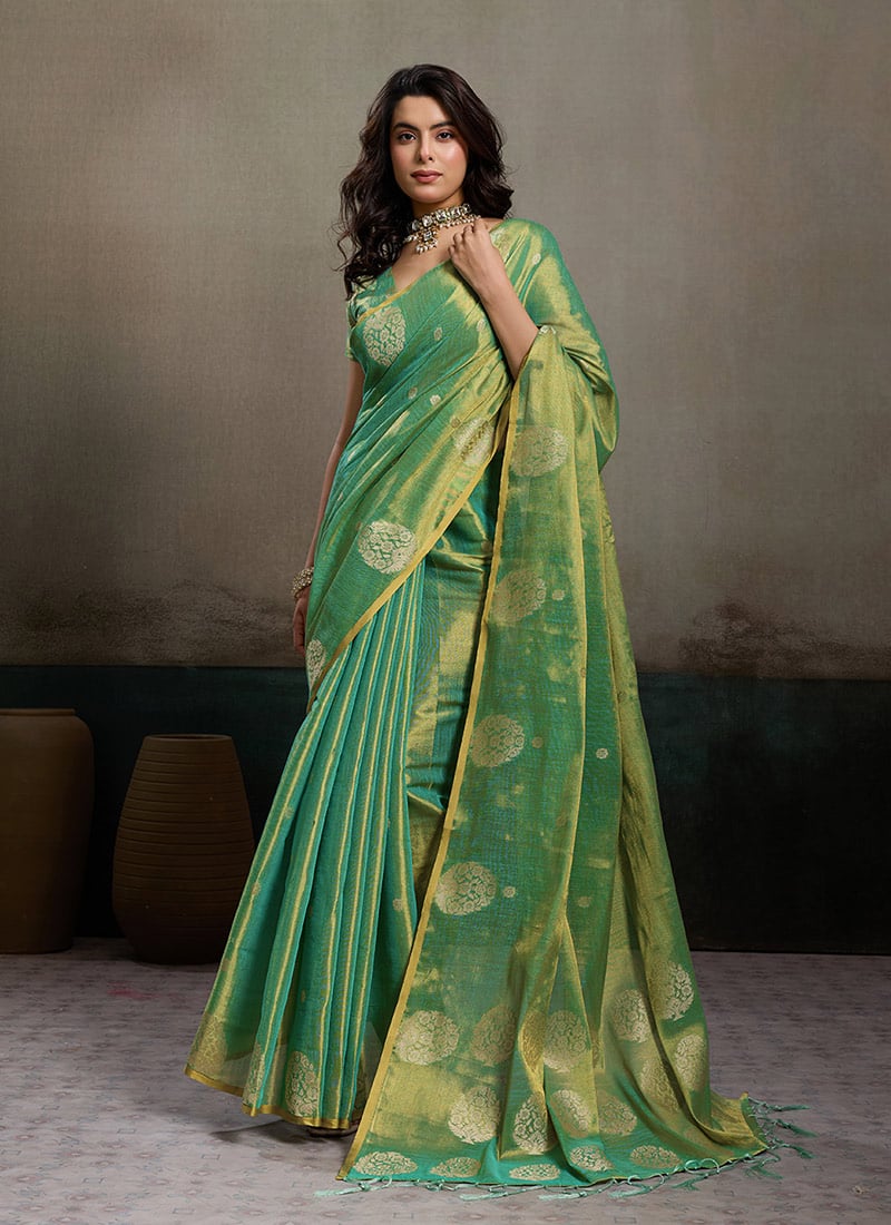 Green Tissue Silk Zari Jacquard Woven Saree Festive Wear