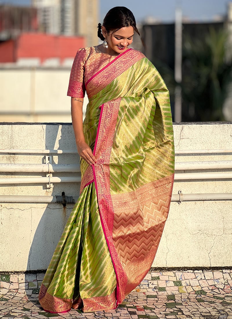 Green Tissue Woven Leheriya Saree