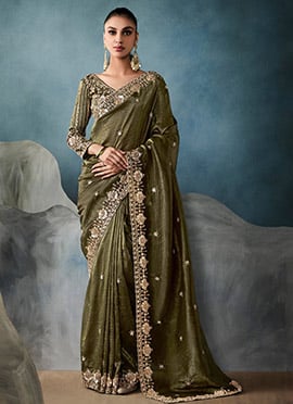 Green Tissue Zari And Embroidered Sequins Saree