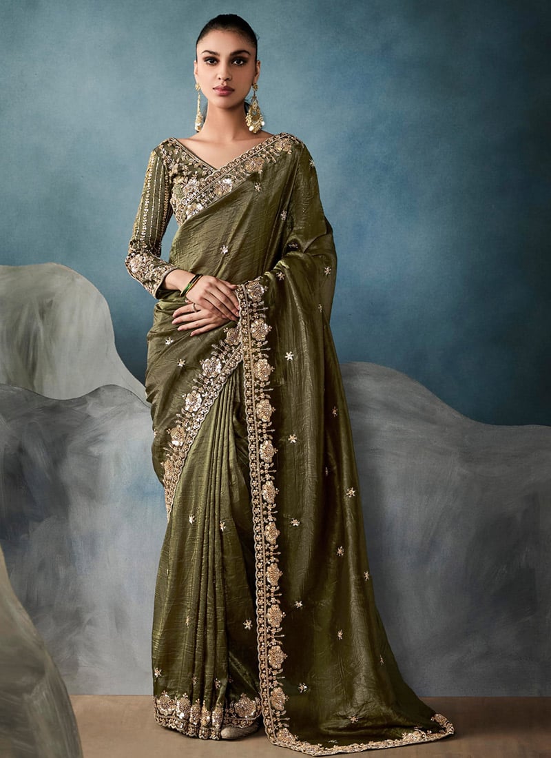 Green Tissue Zari And Embroidered Sequins Saree Festive Wear