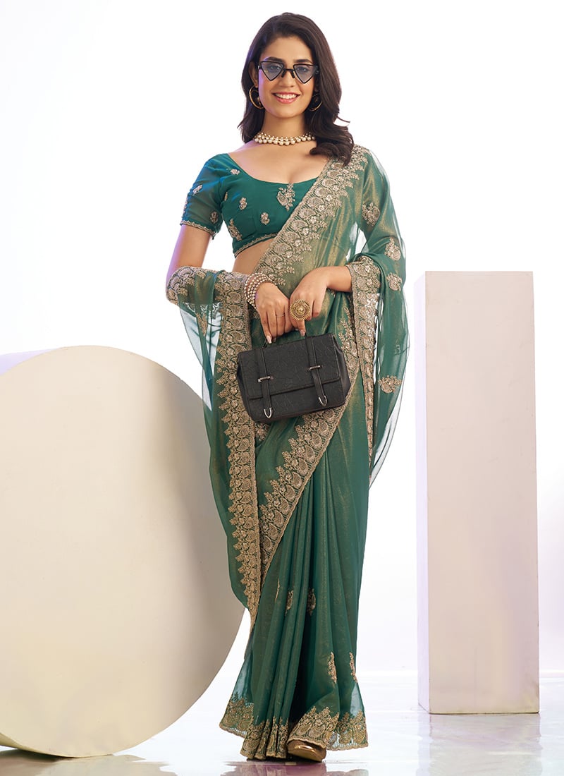 Green Tissue Zari Embroidered Saree Festive Wear