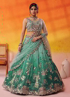 Green Tissue Zari Embroidered Sequins With Beads Work Lehenga