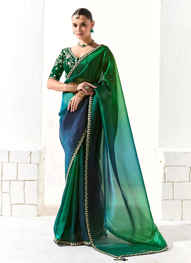 Green Tissue Zari Hand Embroidered Sequins Saree Wedding Wear