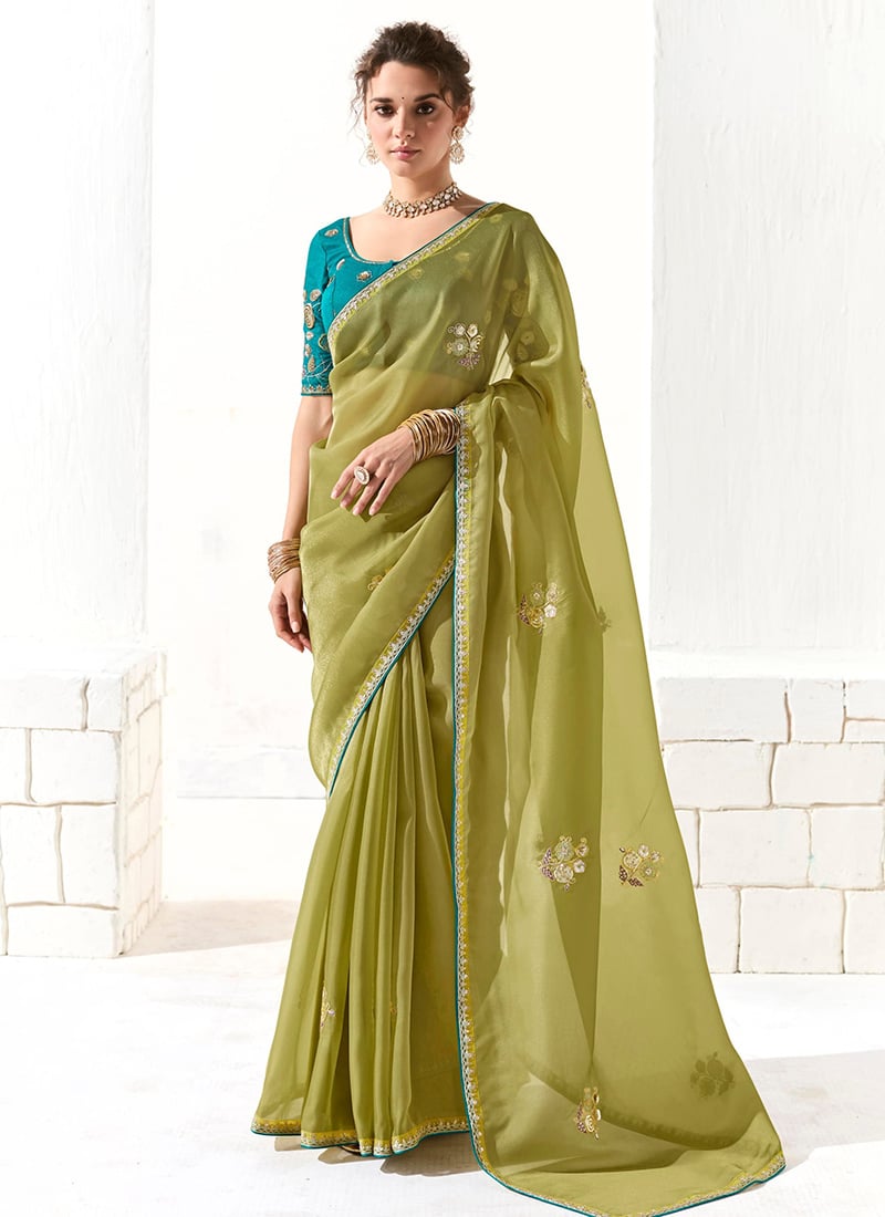Green Tissue Zari Hand Embroidered Sequins Saree Wedding Wear