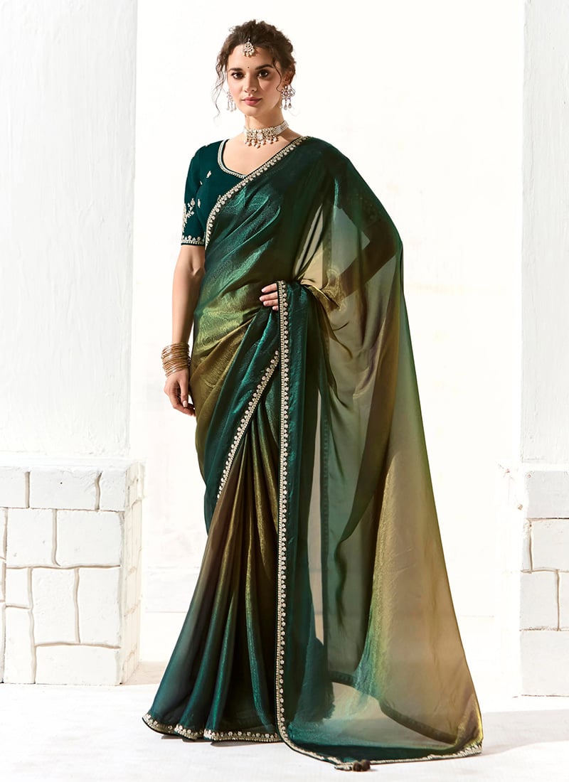 Green Tissue Zari Hand Embroidered Sequins Saree Wedding Wear