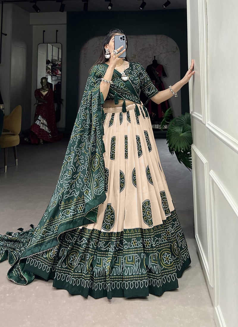Green Tussar Silk Bandhej Print Lehenga