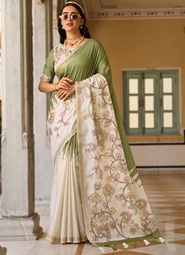 Green Tussar Silk Digital Printed Saree