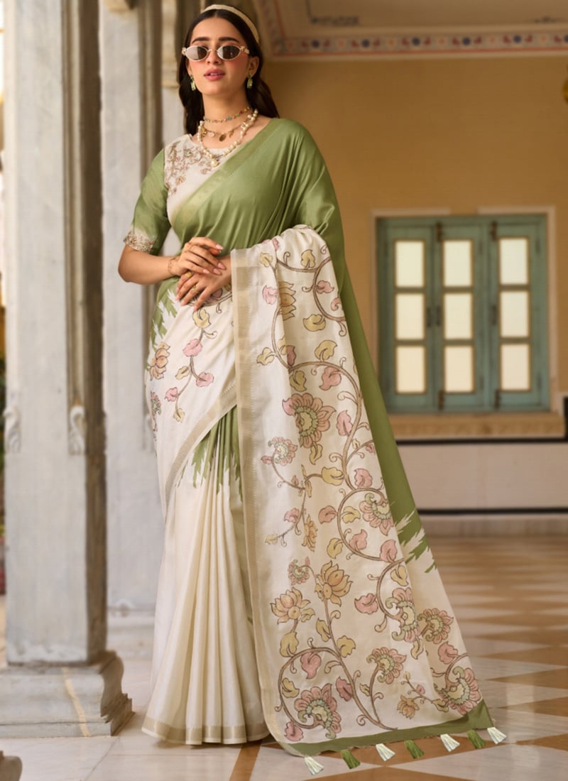 Green Tussar Silk Digital Printed Saree After Six Wear