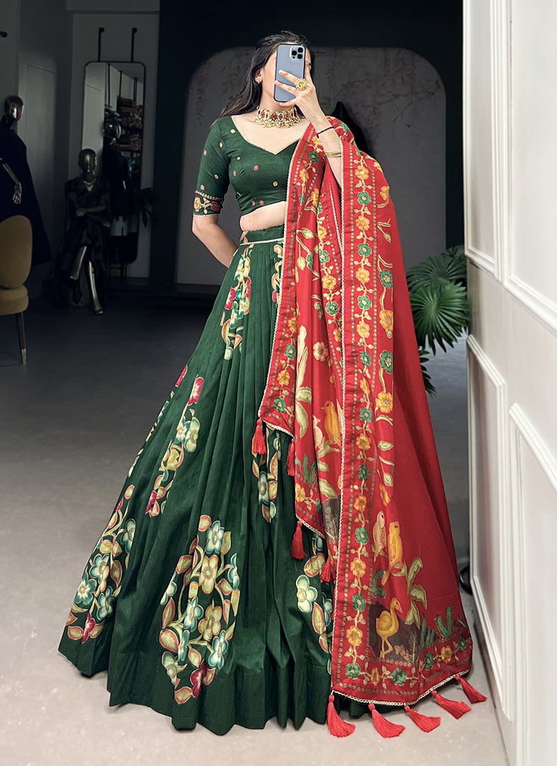 Green Tussar Silk Foil Print Lehenga