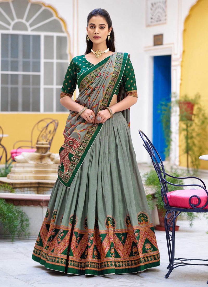 Green Tussar Silk Foil Print Lehenga Festive Wear