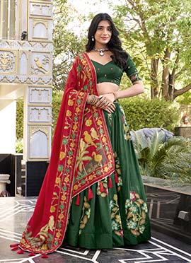 Green Tussar Silk Foil Print Lehenga Festive Wear