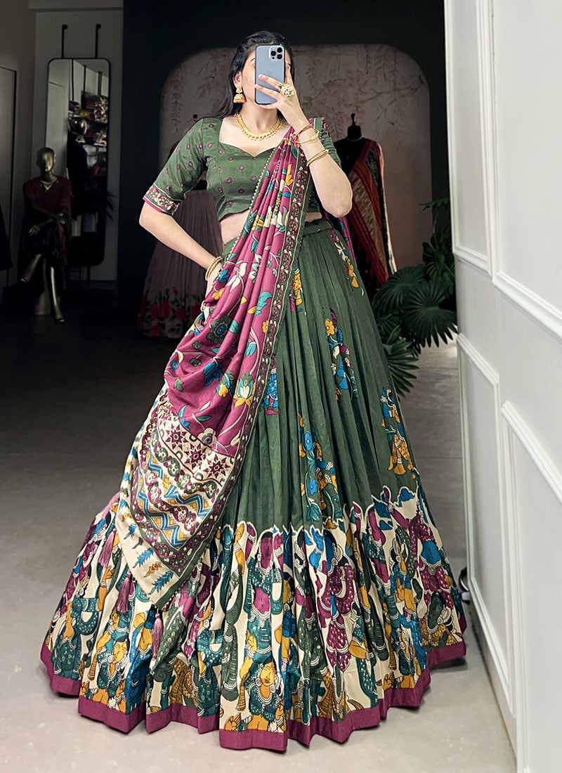 Green Tussar Silk Kalamkari Print Lehenga Festive Wear