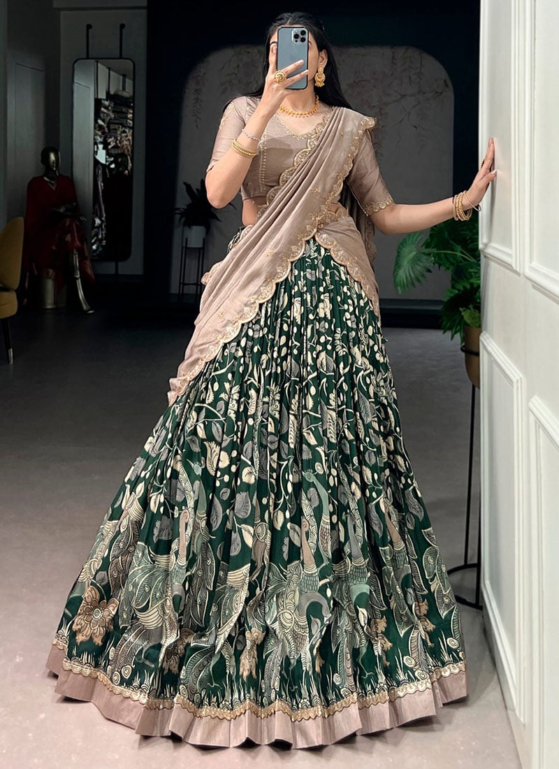 Green Tussar Silk Kalamkari Print Lehenga Festive Wear