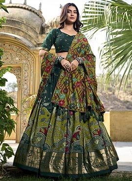 Green Tussar Silk Kalamkari Printed Stunning Lehenga Festive Wear