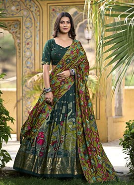 Green Tussar Silk Kashmiri Foil Print Lehenga
