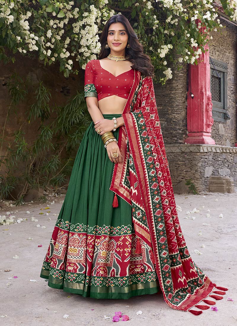 Green Tussar Silk Zari Patola Print Umbrella Lehenga Festive Wear