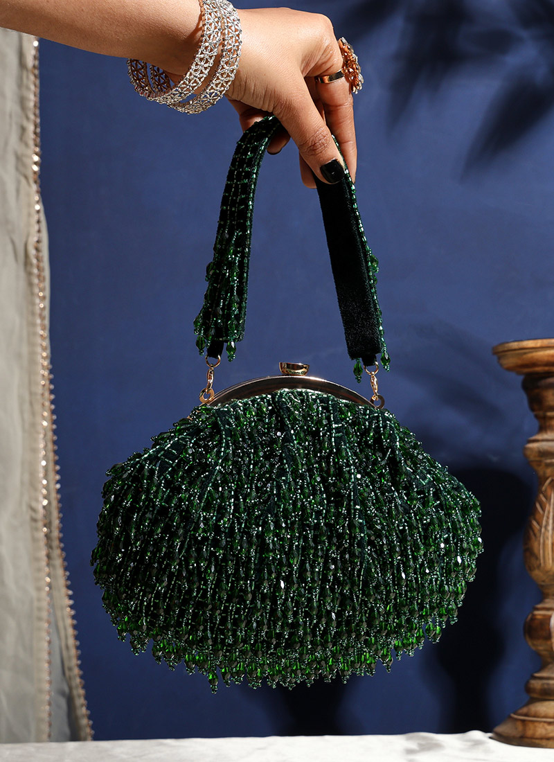 Green Velvet Crystals Clutch With Cut Dana Work