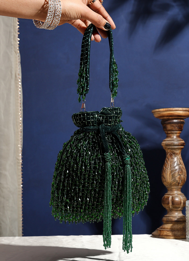 Green Velvet Crystals Potli Party Wear