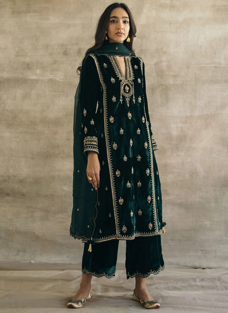 Green Velvet Embroidered Palazzo Suit After Six Wear