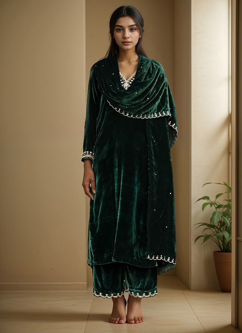 Indian Ethnic Green Color Wear With Embroidery Work Plazzo Suits
