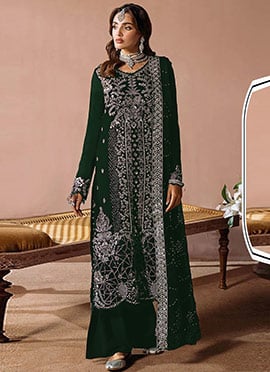 Green Velvet Embroidered Sequins Pakistani Palazzo Suit