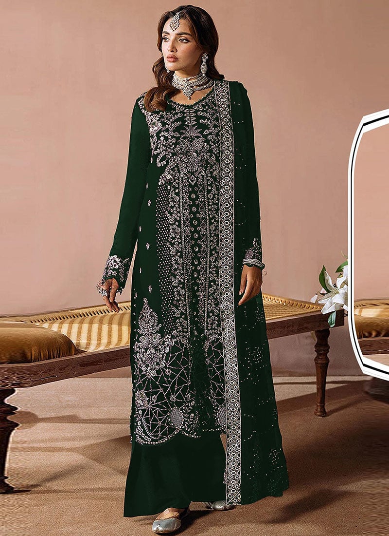 Green Velvet Embroidered Sequins Pakistani Palazzo Suit Festive Wear