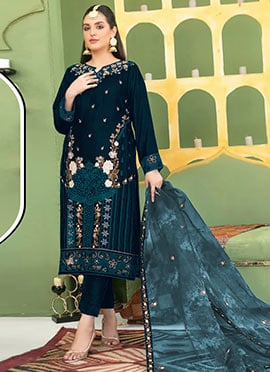 Green Velvet Embroidered Sequins Pakistani Straight Pant Suit