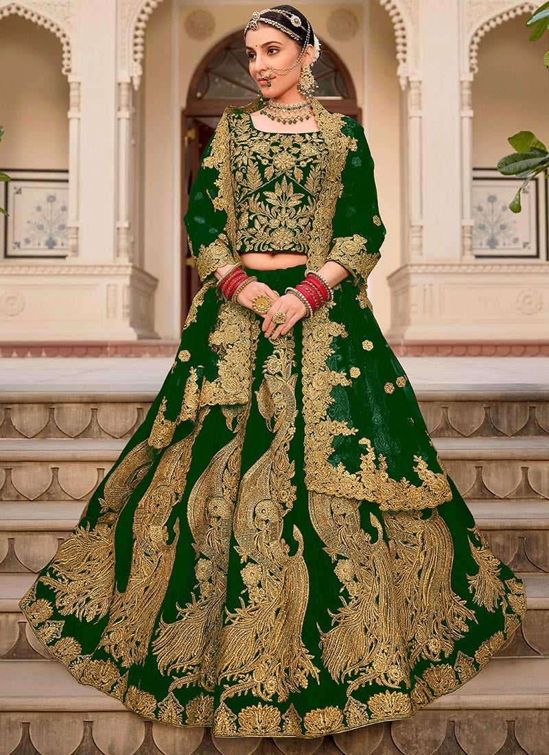 Green Velvet Embroidered Stone Work Classy Lehenga Wedding Wear